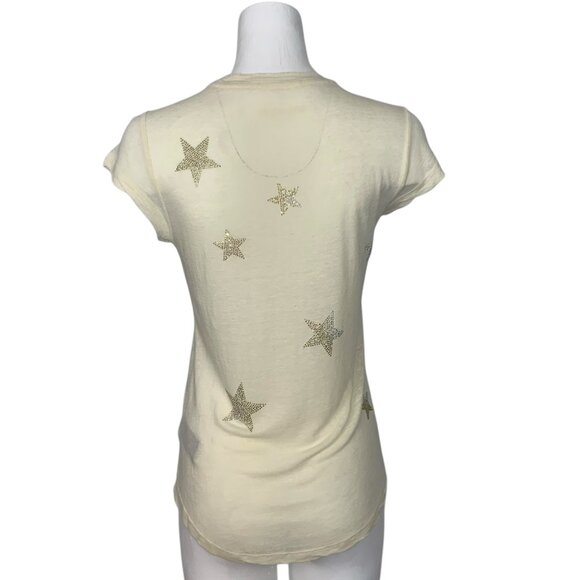 Zadig & Voltaire Skinny Stars Strass Tee Shirt Top XS Cream Embellished Linen - Picture 2 of 13